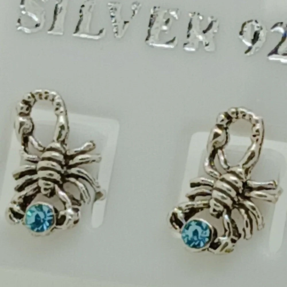 Scorpion Stud Earrings 925 Sterling Silver Blue Crystal‎ Scorpio Zodiac Jewelry